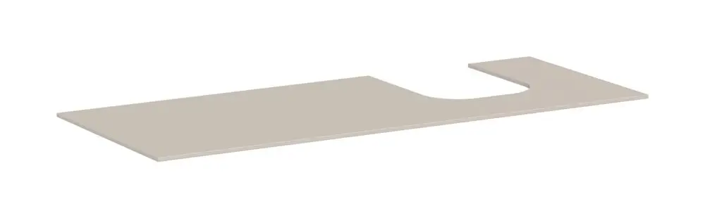 Kunststoffplatte in Sandbeige mit Ausschnitt auf der rechten Seite, geeignet für die Montage von Waschbecken, hergestellt von Hansgrohe.
